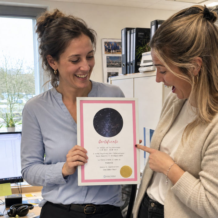 Due colleghe mostrano un certificato stellare personalizzato