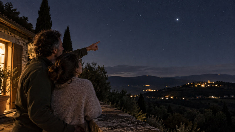Coppia che osserva una stella nel cielo notturno dalla campagna italiana