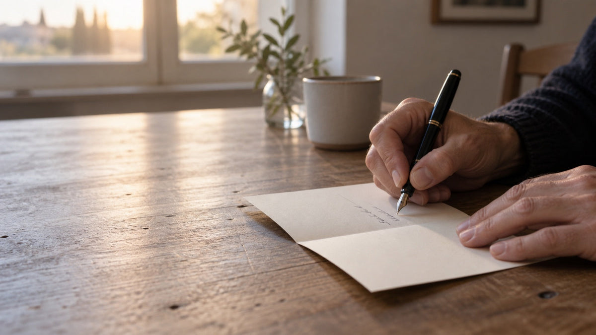 Mani che scrivono una dedica personale su un biglietto color crema