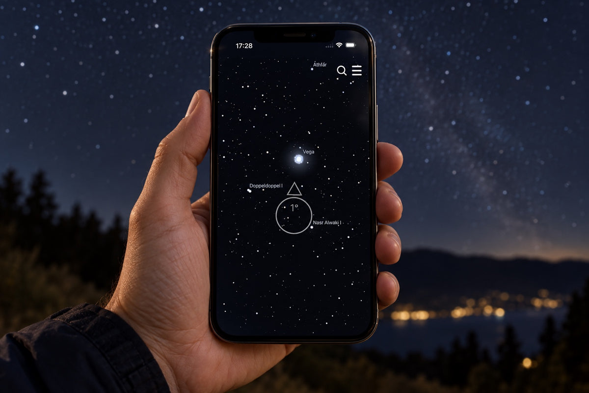 App Universe Star Finder aperta su uno smartphone sotto il cielo notturno