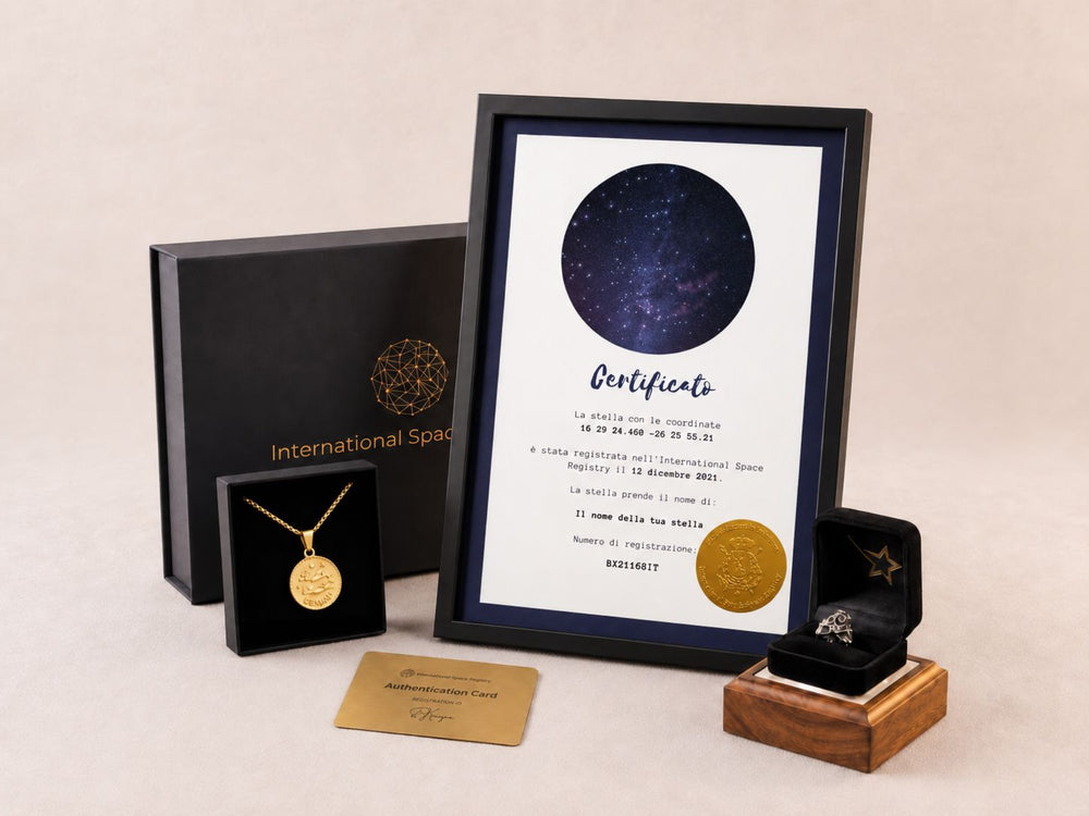 Cofanetto premium per regalare una stella con certificato, collana e anello