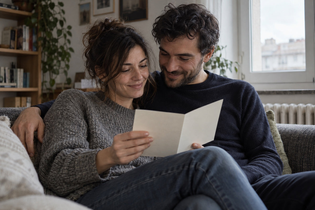 Coppia che legge insieme una dedica personale su un biglietto