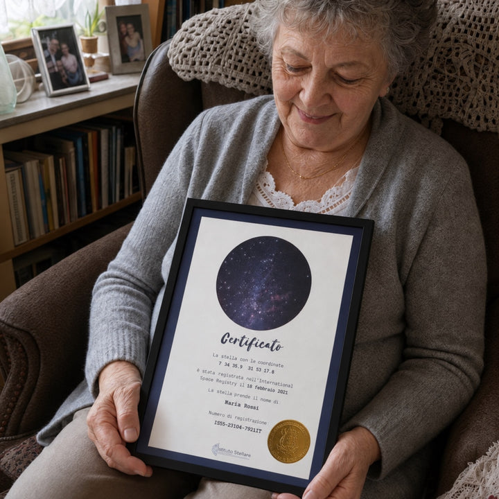 Nonna sorridente con un certificato stellare personalizzato in italiano e incorniciato