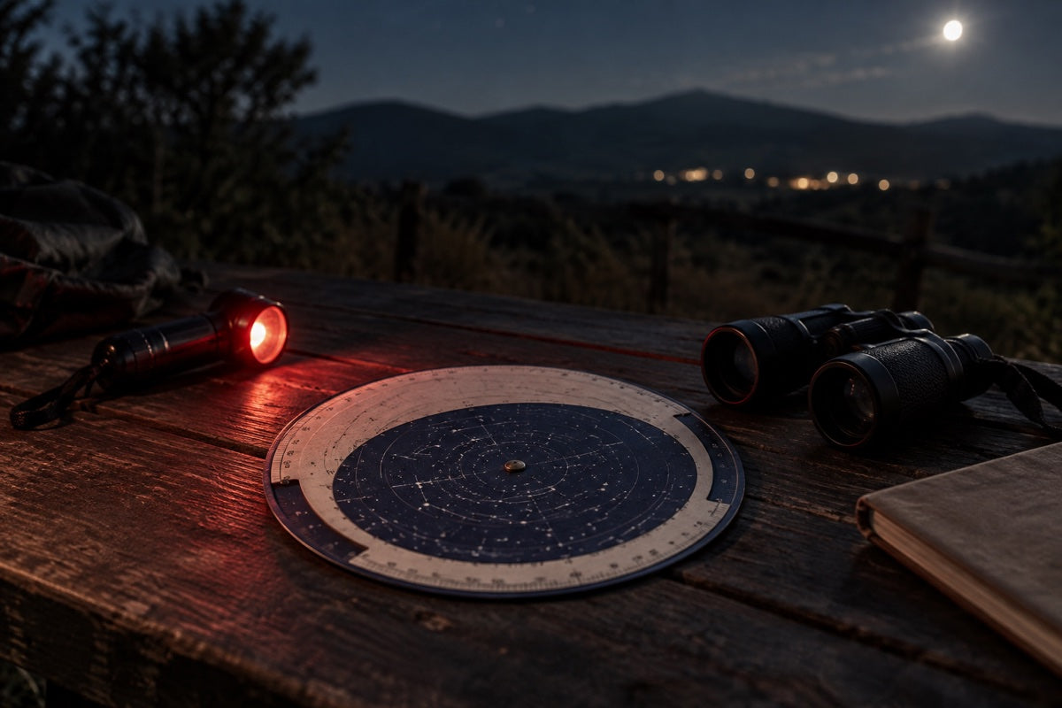 Planisfero celeste, torcia rossa e binocolo per osservare le costellazioni