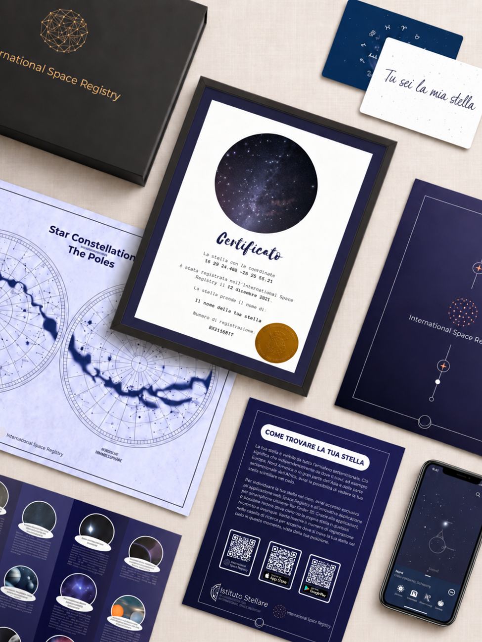 Set per regalare una stella con certificato personalizzato, mappa e documenti